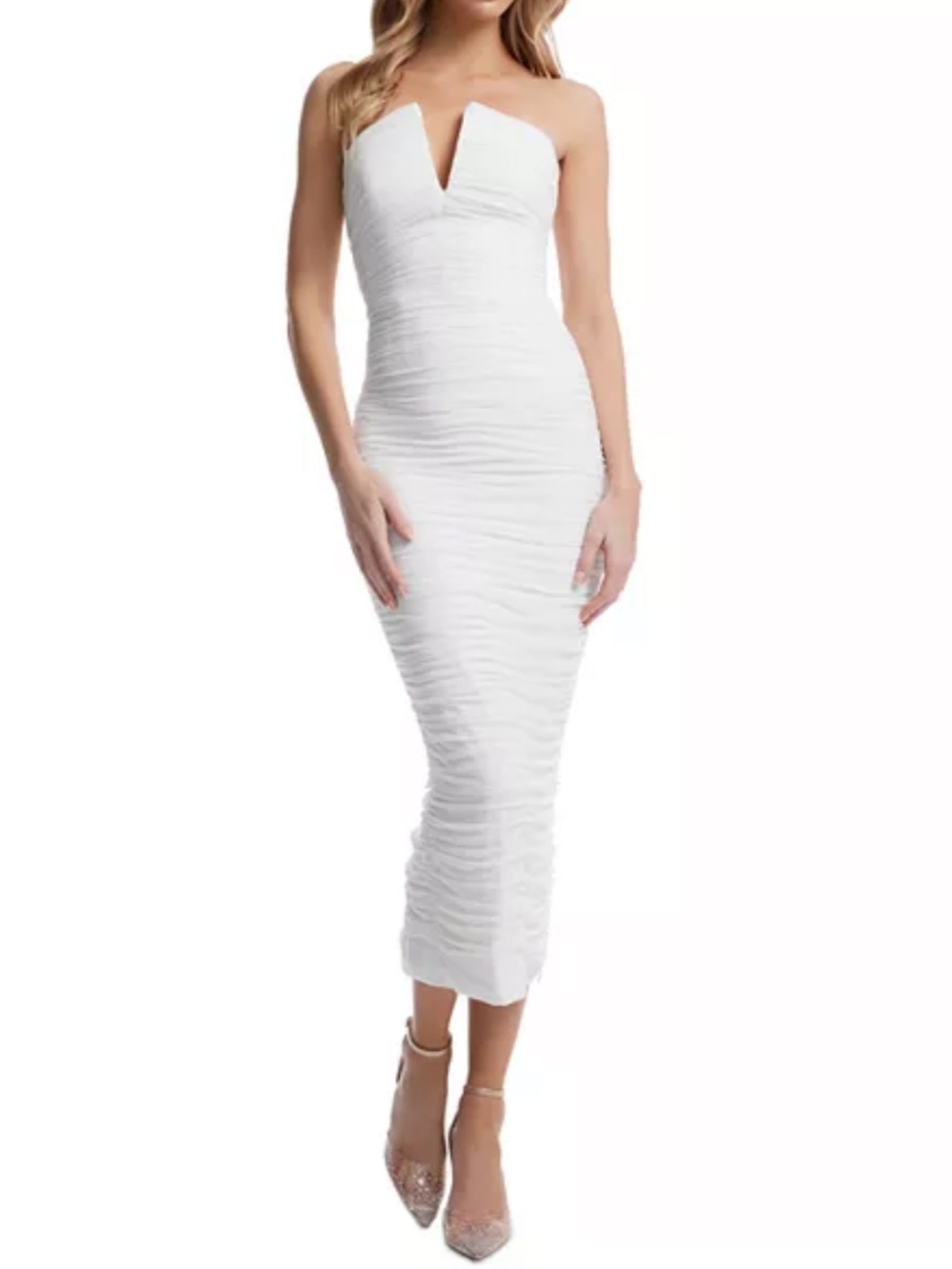 Dress the population NEW white ferra ruched strapless midi dress sz xs BRIDAL - Picture 1 of 13